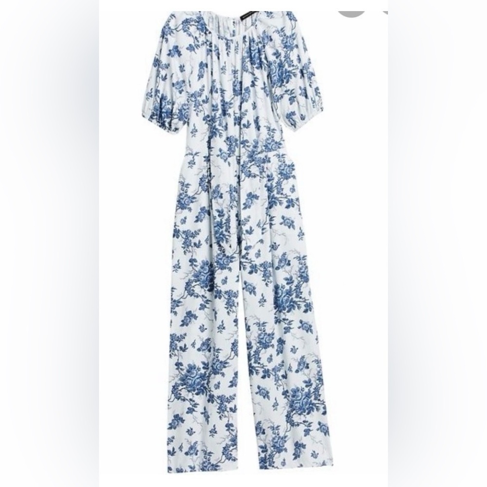 Banana Republic White and Navy Floral Tie-Waist Jumpsuit